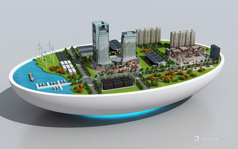 Commercial Equipment For Sustainable Urban Planning Model With Solar Panels And Wind Turbines 3d model 