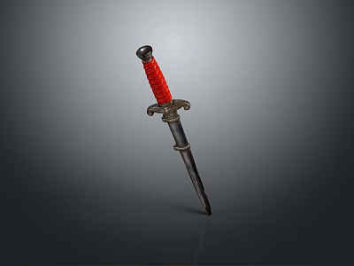 Medieval Weapon Dagger With Red Wrapped Handle Black Metal Blade And Decorative Cross Guard 3d model