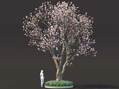 Vibrant Plant Combination With Pink Flowering Tree Thick Trunk Green Grass And Small Flowers 3d model