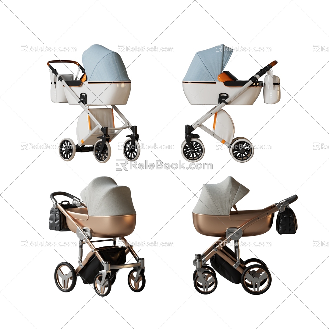 Baby stroller high landscape stroller multi-function baby bed outdoor stroller baby walker 3d model