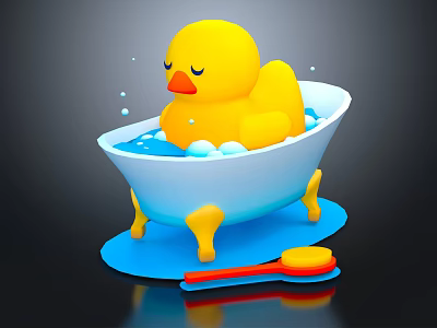 Yellow Rubber Duck Doll in White Bathtub with Blue Water Bubbles and Red Brush 3d model