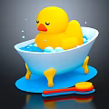 Yellow Rubber Duck Doll in White Bathtub with Blue Water Bubbles and Red Brush
