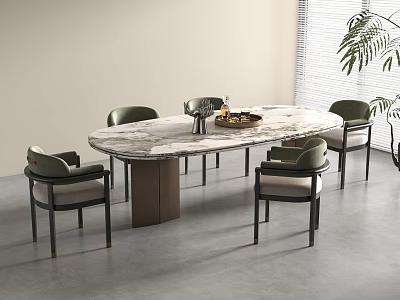 Modern Oval Marble Top Dining Table With Chairs Decorative Tray Potted Plant And Window Blinds 3d model