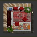Traditional Indoor Scene with Stone Walls Red Cushions Colorful Rug Lattice Window Fireplace and Plants