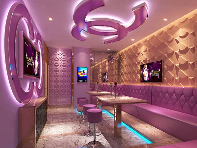 Stylish KTV Interior Featuring Purple Lighting TV Screens Tables Patterned Walls And Sofa Seats 3d model