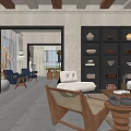 Living and Dining Room Interior With Cozy Sofa Wooden Coffee Table Decorative Bookshelf And Lamp