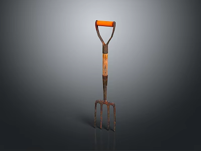 Vintage Metal Garden Fork With Orange Wooden Handle Durable Hardware Tool For Gardening Use 3d model