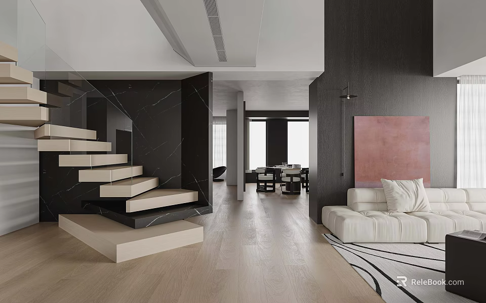 Modern Minimalist Open Plan Living And Dining Space With Stylish Floating Staircase And Soft Sofa 3d model 