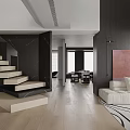 Modern Minimalist Open Plan Living And Dining Space With Stylish Floating Staircase And Soft Sofa