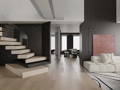 Modern Minimalist Open Plan Living And Dining Space With Stylish Floating Staircase And Soft Sofa 3d model