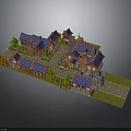 Rustic Village Buildings With Blue Roofs Brown Exteriors Trees And Stone Pathways