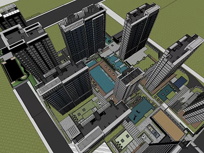 Modern Urban Commercial Complex with High Rise Buildings Central Plaza Green Spaces and Water Features 3d model