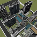Modern Urban Commercial Complex with High Rise Buildings Central Plaza Green Spaces and Water Features