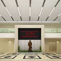 Front Desk Reception Area in Two Story Lobby with Digital Screen Statue and Ceiling Lights