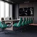 Modern Conference Room With Black Ceiling Large Windows Green Chairs Long Table Laptops Wall Art