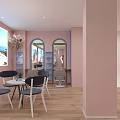 Bridal Shop Interior With Wedding Dresses Display Pink Walls Wooden Flooring And Green Ceiling