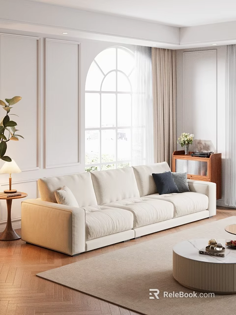 Nordic Style Cream Fabric Sofa And Wooden Side Table Set For Bright Cozy Living Room 3d model 