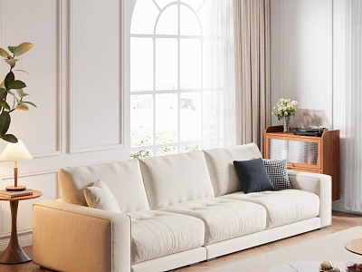 Nordic Style Cream Fabric Sofa And Wooden Side Table Set For Bright Cozy Living Room 3d model