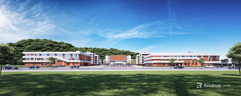 Modern School Buildings With Green Trees Grassy Area And Blue Sky 3d model 