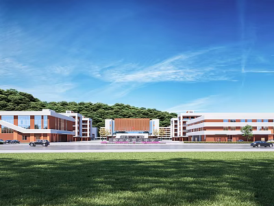 Modern School Buildings With Green Trees Grassy Area And Blue Sky 3d model