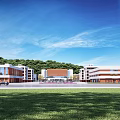 Modern School Buildings With Green Trees Grassy Area And Blue Sky
