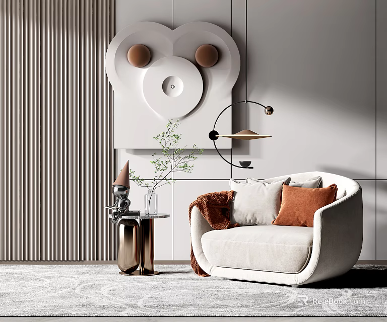 Curved White Single Sofa With Brown Pillows And Metallic Side Table In Minimalist Interior 3d model 