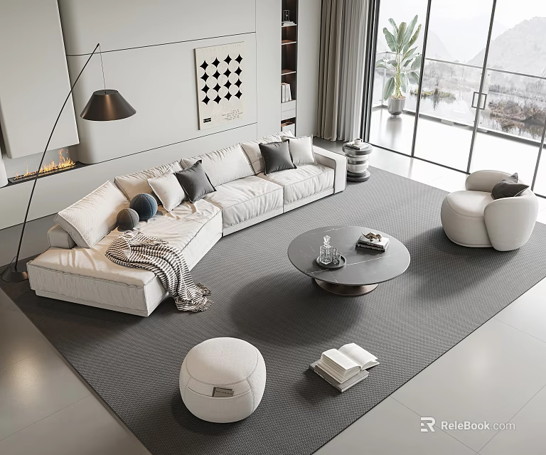 Modern Living Room With White Sofa And Coffee Table Set Pillows Armchair And Rug 3d model 