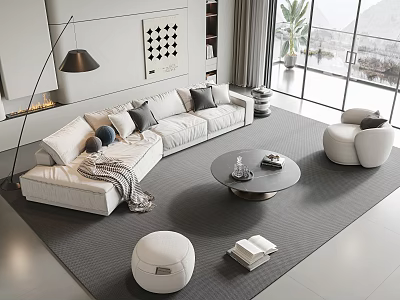 Modern Living Room With White Sofa And Coffee Table Set Pillows Armchair And Rug 3d model