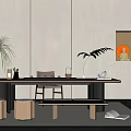 Minimalist Tea Table With Chairs Potted Plants And Decorative Buddha Niche On Rug