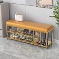 Modern Shoe Bench With Orange Cushion And Black Metal Shoe Storage Shelves
