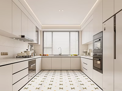 Open Modern Kitchen Interior With White Cabinets Island Counter And Patterned Floor 3d model