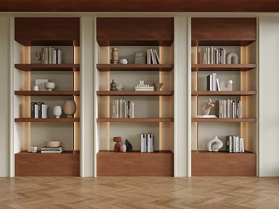 Modern Wooden Bookshelf Design With Multiple Shelves Books And Decorative Items 3d model