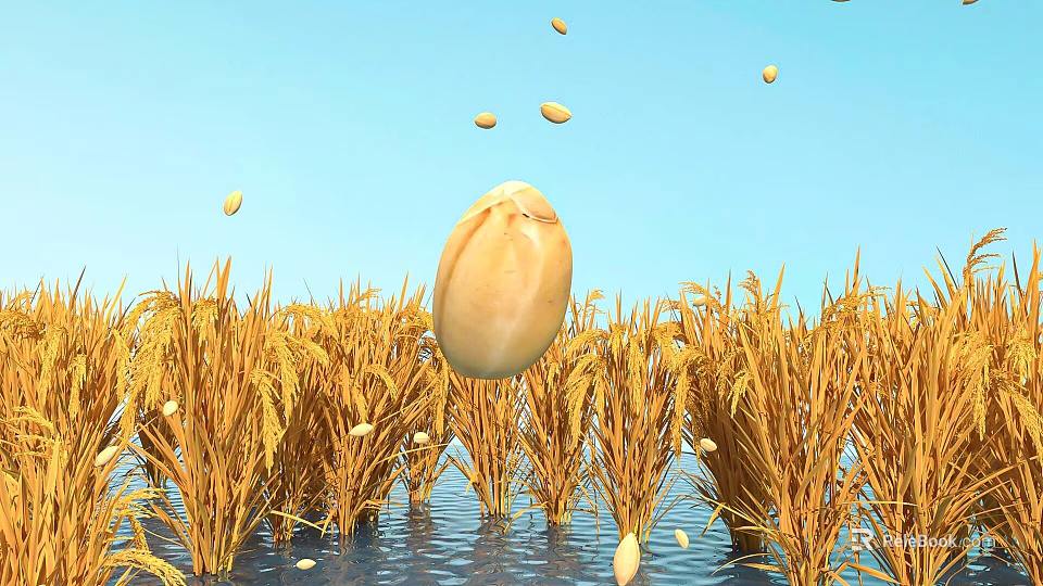 Golden Rice Field With Water Surface Floating Grain And Falling Grains Under Blue Sky 3d model 