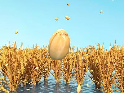 Golden Rice Field With Water Surface Floating Grain And Falling Grains Under Blue Sky 3d model