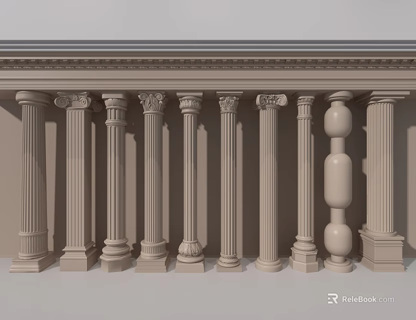 Classical Decorative Columns with Various Carved Styles and Architectural Cornice Design 3d model 