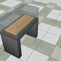 Display Cabinet Shelf With Glass Cover Brown Surface And Wooden Base On Checkerboard Tile Floor