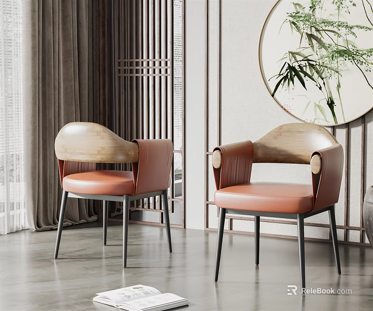 Modern Dining Chairs With Wooden Backrest Orange Leather Seat And Black Metal Legs 3d model 