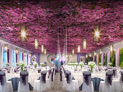 Banquet Hall With Purple Floral Ceiling Chandeliers Heart Decoration White Tablecloths And Purple Chair Covers 3d model