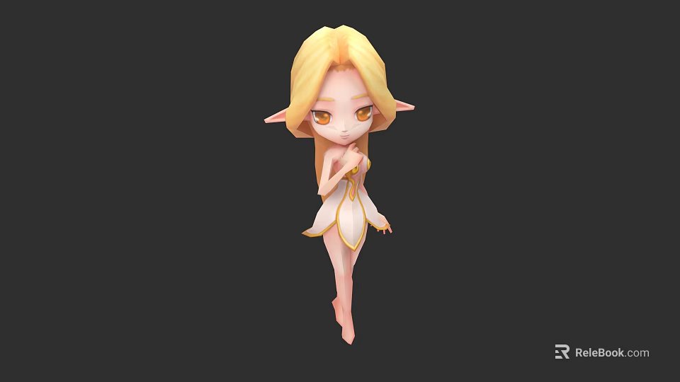 Cute Cartoon Elf Character With Golden Hair Pointy Ears Yellow Eyes And White Dress 3d model 