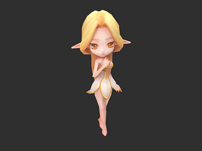 Cute Cartoon Elf Character With Golden Hair Pointy Ears Yellow Eyes And White Dress 3d model