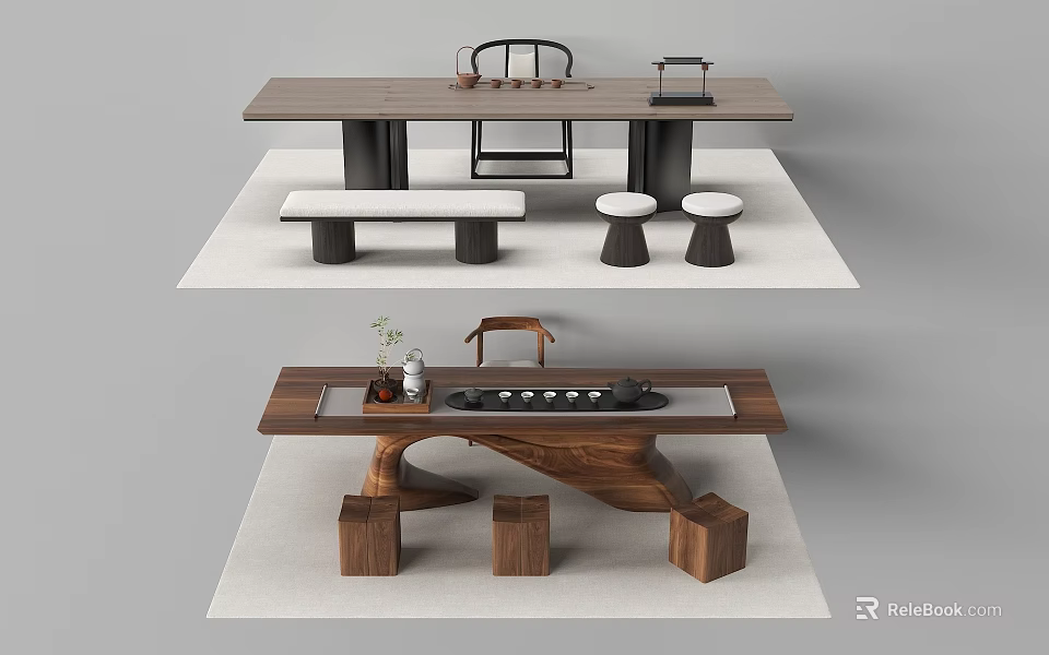 Modern Wooden Tea Table and Chairs with Bench Stools and Tea Sets 3d model