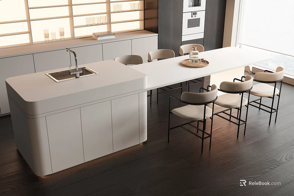 Modern Open Kitchen Dining Table Set With Island Counter And Comfortable Chairs 3d model 
