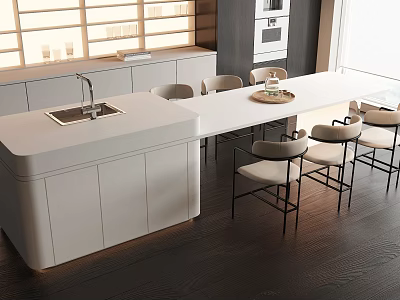 Modern Open Kitchen Dining Table Set With Island Counter And Comfortable Chairs 3d model