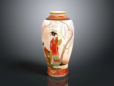 Traditional Painted Vase With Female Figure Cherry Blossom And Gold Accents 3d model