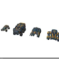 Futuristic Sci Fi Armored Mechanical Vehicles Multiple Units With Blue Yellow Color And Heavy Wheels