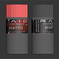 Two Transparent Perfume Bottles With Red Black Caps Altra Positive Negative Labels