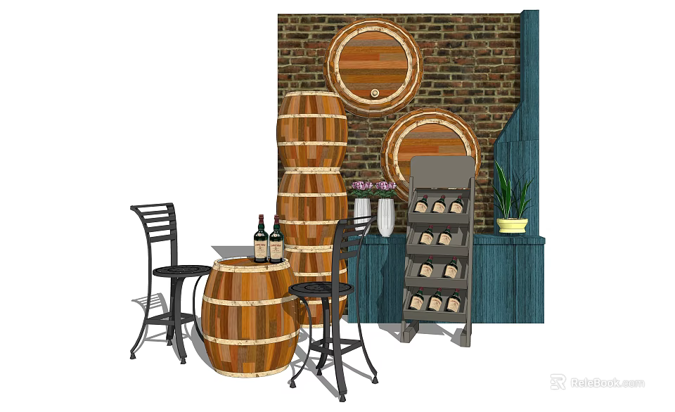 Rustic Bar Counter Setup With Stacked Wooden Barrels Brick Wall Stools And Wine Rack 3d model 