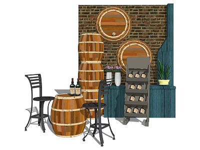 Rustic Bar Counter Setup With Stacked Wooden Barrels Brick Wall Stools And Wine Rack 3d model