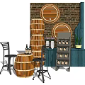 Rustic Bar Counter Setup With Stacked Wooden Barrels Brick Wall Stools And Wine Rack