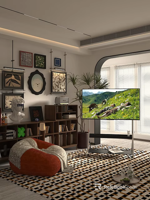 Modern Cozy Living Dining Room Interior With Artworks Bookshelf TV Plant And Rug 3d model 